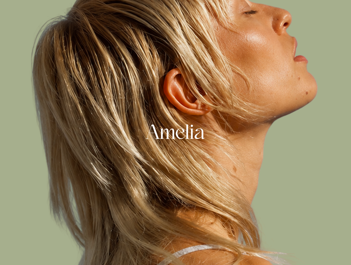 Close-up side profile of a blonde woman with closed eyes against a muted sage-green background, labeled “Amelia.”