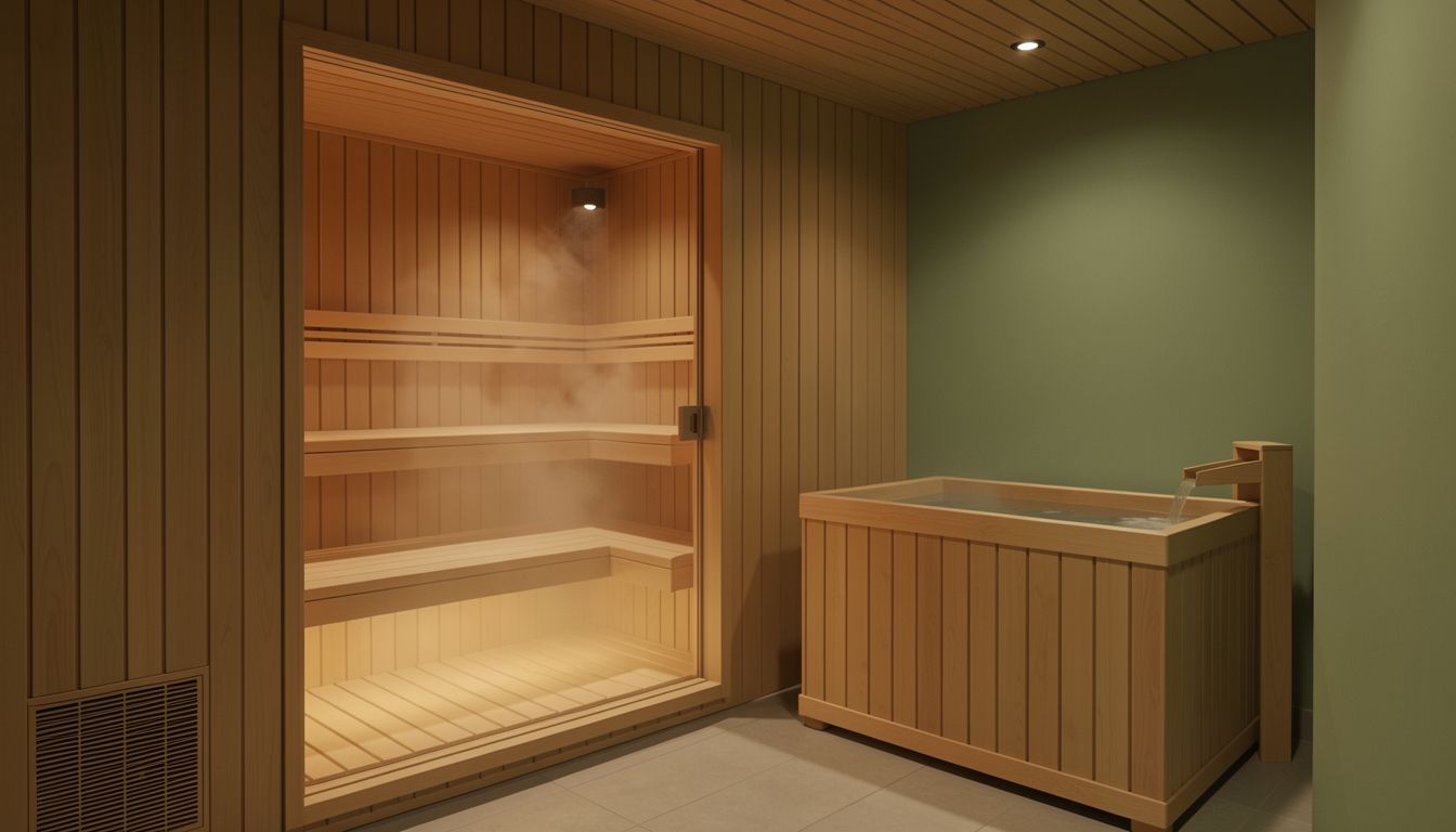 Warm wooden sauna with steaming benches beside a wooden soaking tub in a tiled room.