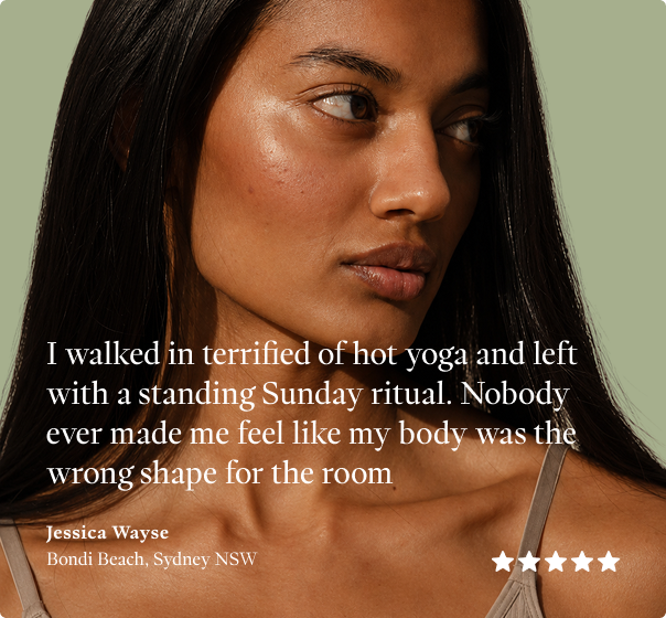 Close-up portrait of a woman with a hot yoga testimonial and five-star rating overlaid.