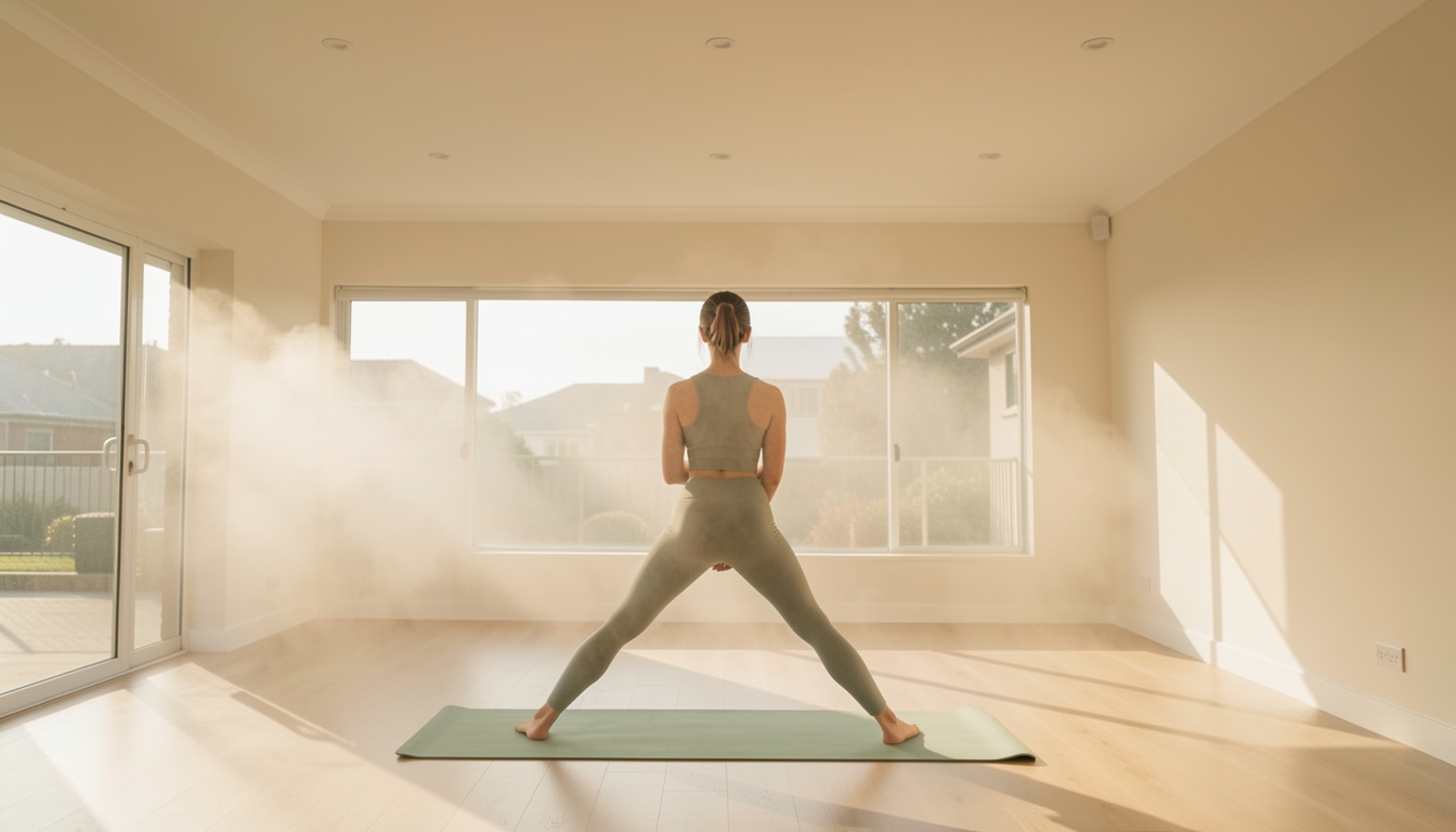 Woman in athletic wear holds a wide-legged pose on a yoga mat in a sunlit room.