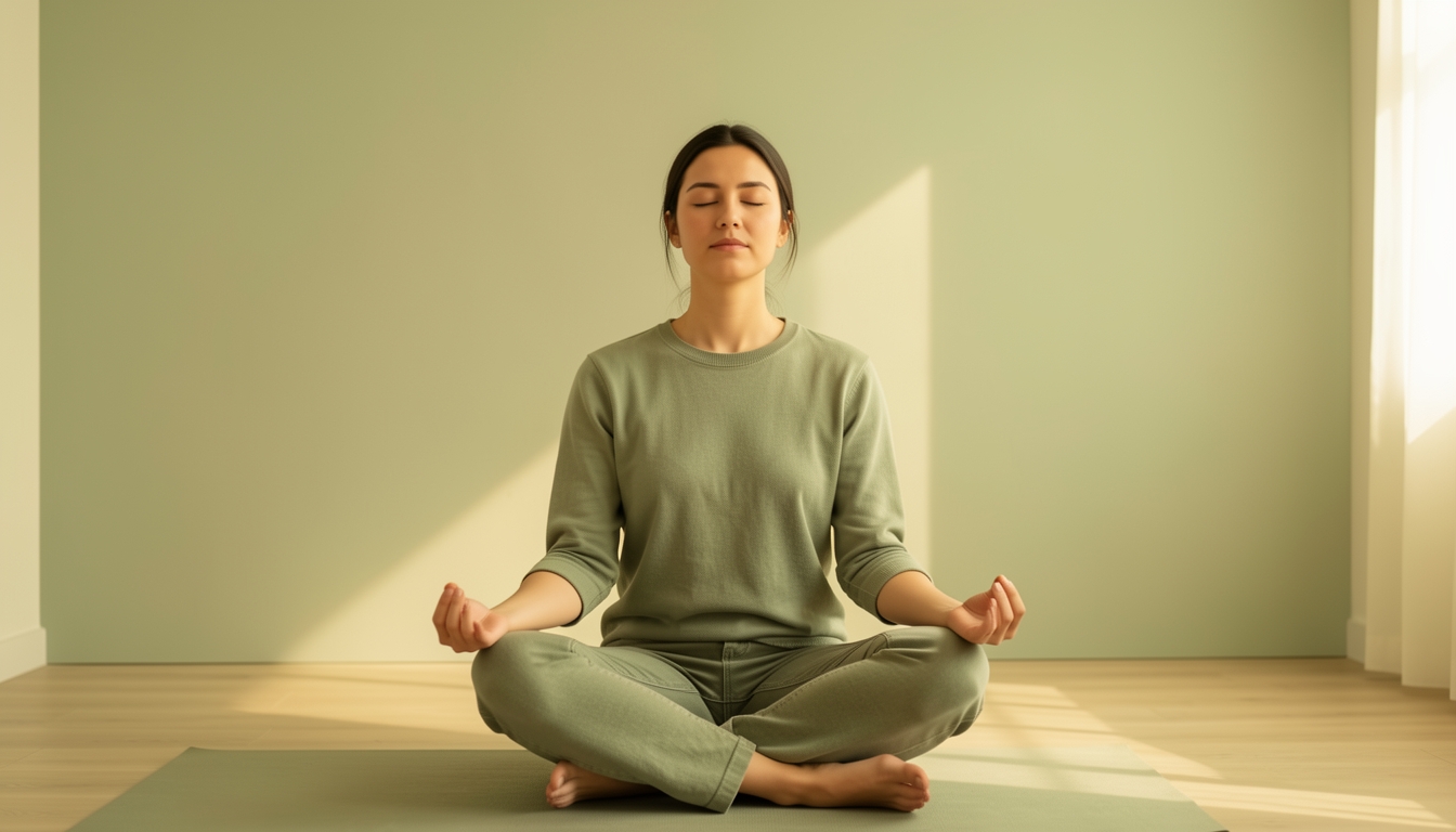 Woman in green clothing meditating cross-legged on a yoga mat in a sunlit room.