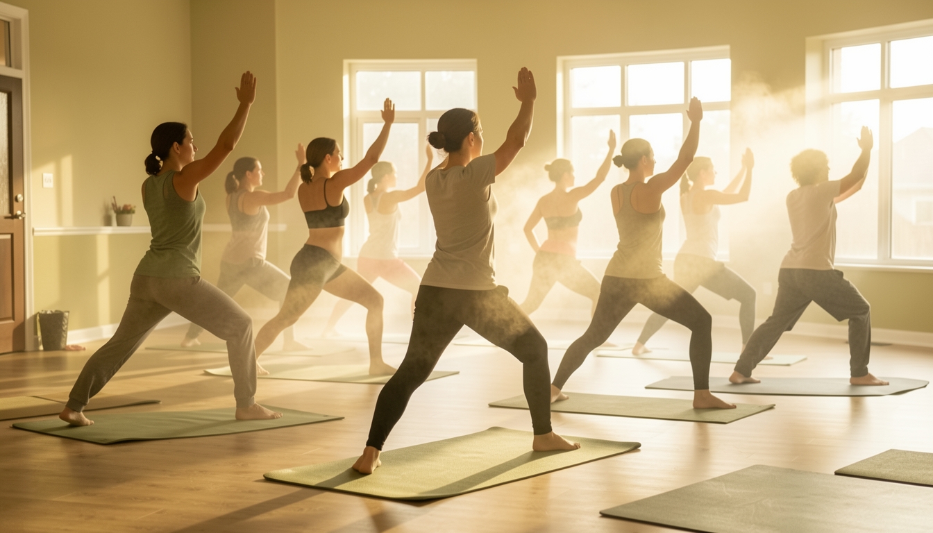 Group yoga class practicing raised-arm lunges on mats in a sunlit studio.